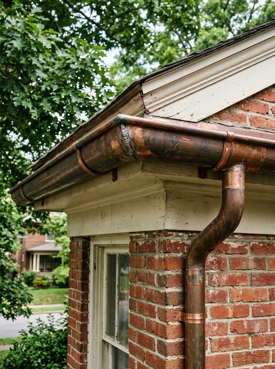 soldered copper gutter miter at the corner of a historic Knoxville Tennessee house