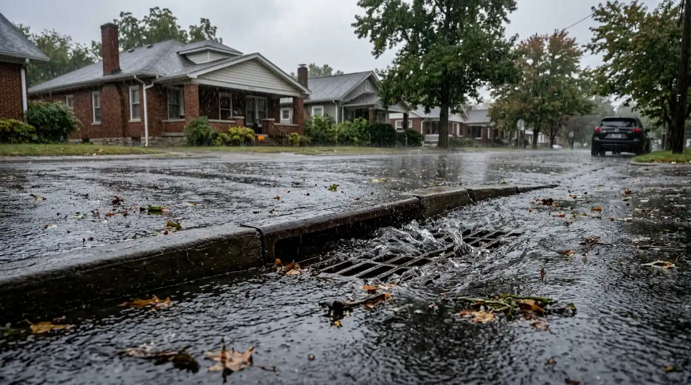 curbside storm gully on a residential street in Clinton Tennessee during heavy rain