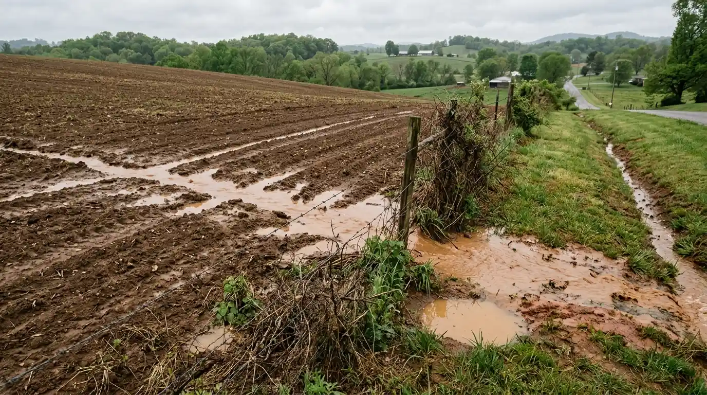 sediment laden runoff arriving from a worked field onto a property edge in Jefferson County Tennessee