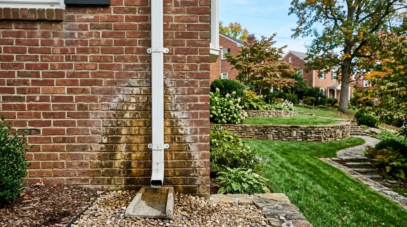 splash back staining on brick below a downspout beside a terraced lawn in Colonial Village Knoxville Tennessee
