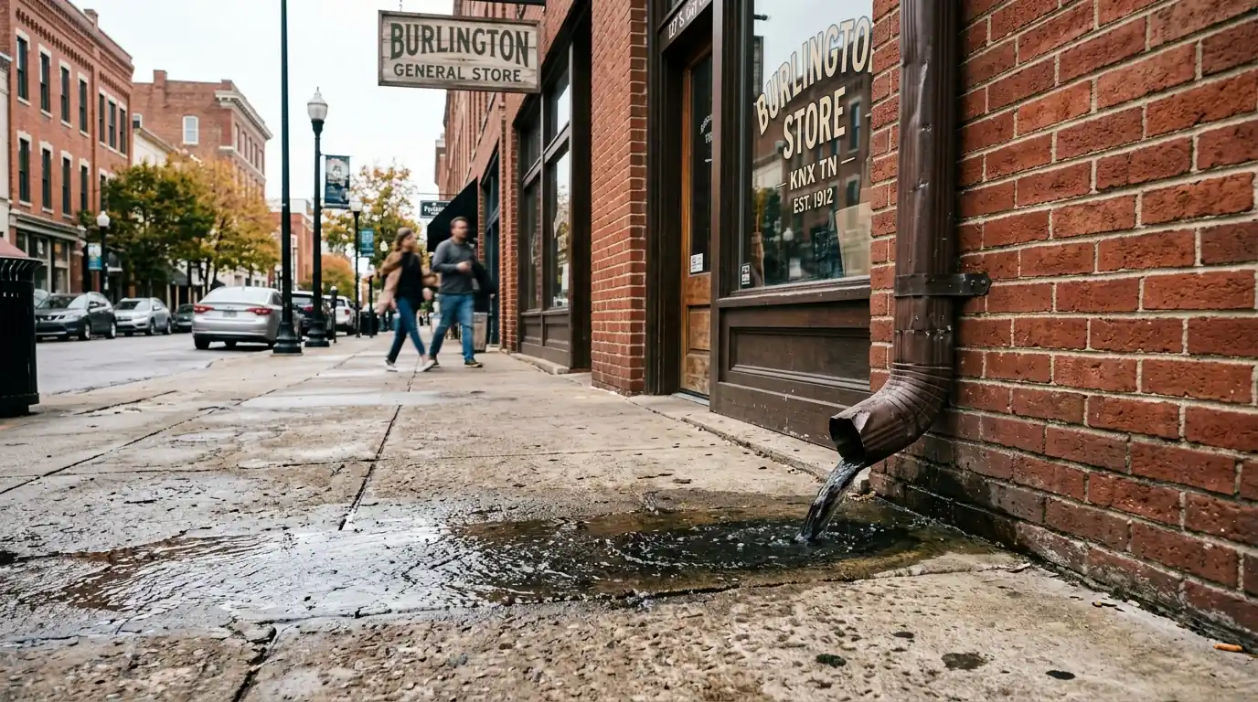 downspout discharging directly onto a public sidewalk outside a Burlington Knoxville Tennessee storefront