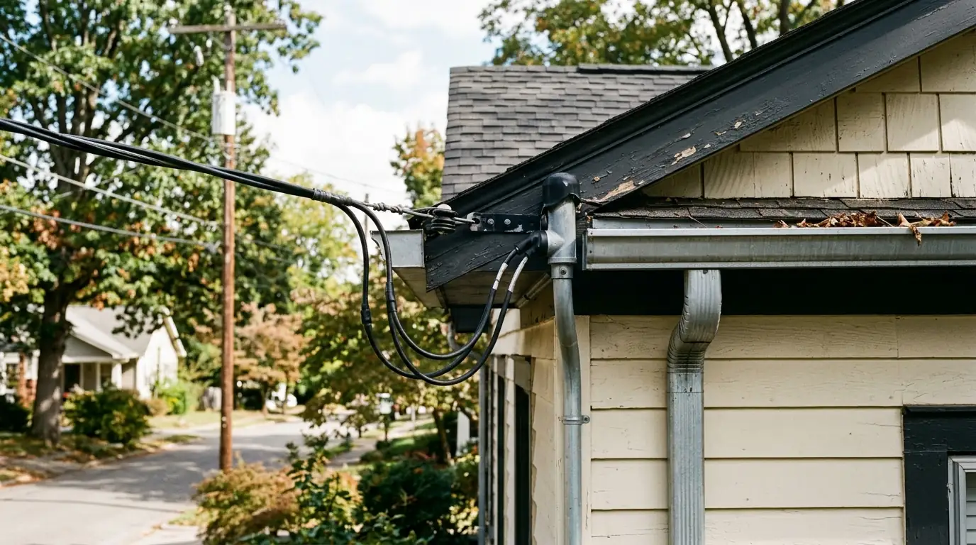 electrical service drop attaching at the eave beside a gutter run on a Park City Knoxville Tennessee cottage