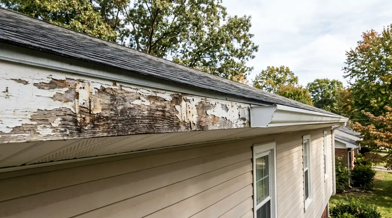 softened painted fascia board exposed behind a removed gutter run on a Knoxville Tennessee home