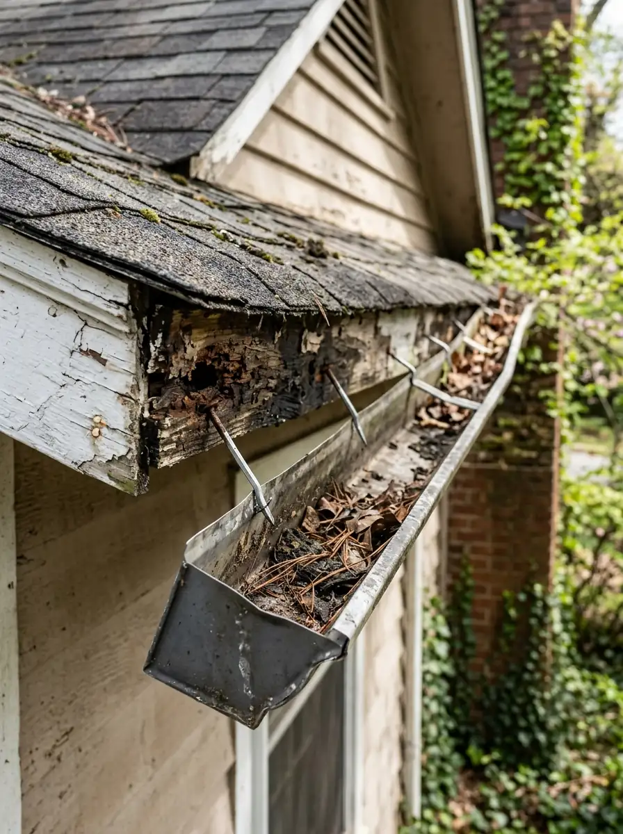 close view of a sagging house gutter pulling away from wooden fascia board on an older Knoxville Tennessee home