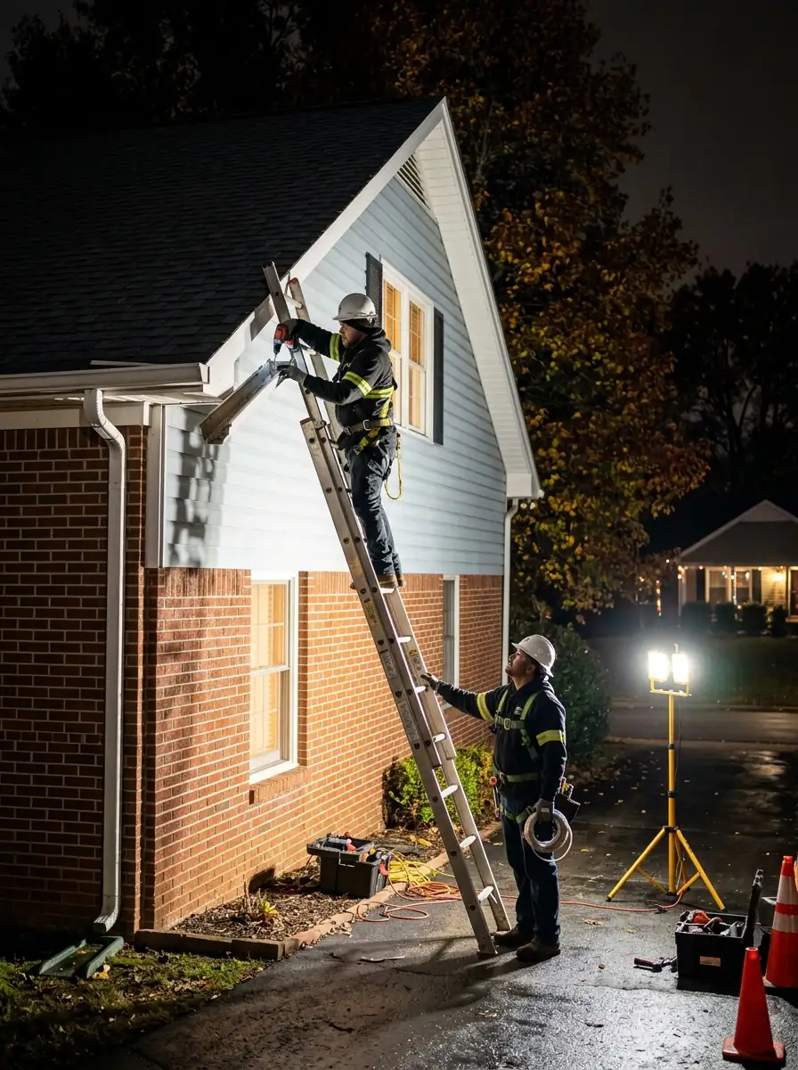 crew securing a loose hanging gutter section by floodlight on a Knoxville Tennessee house at night