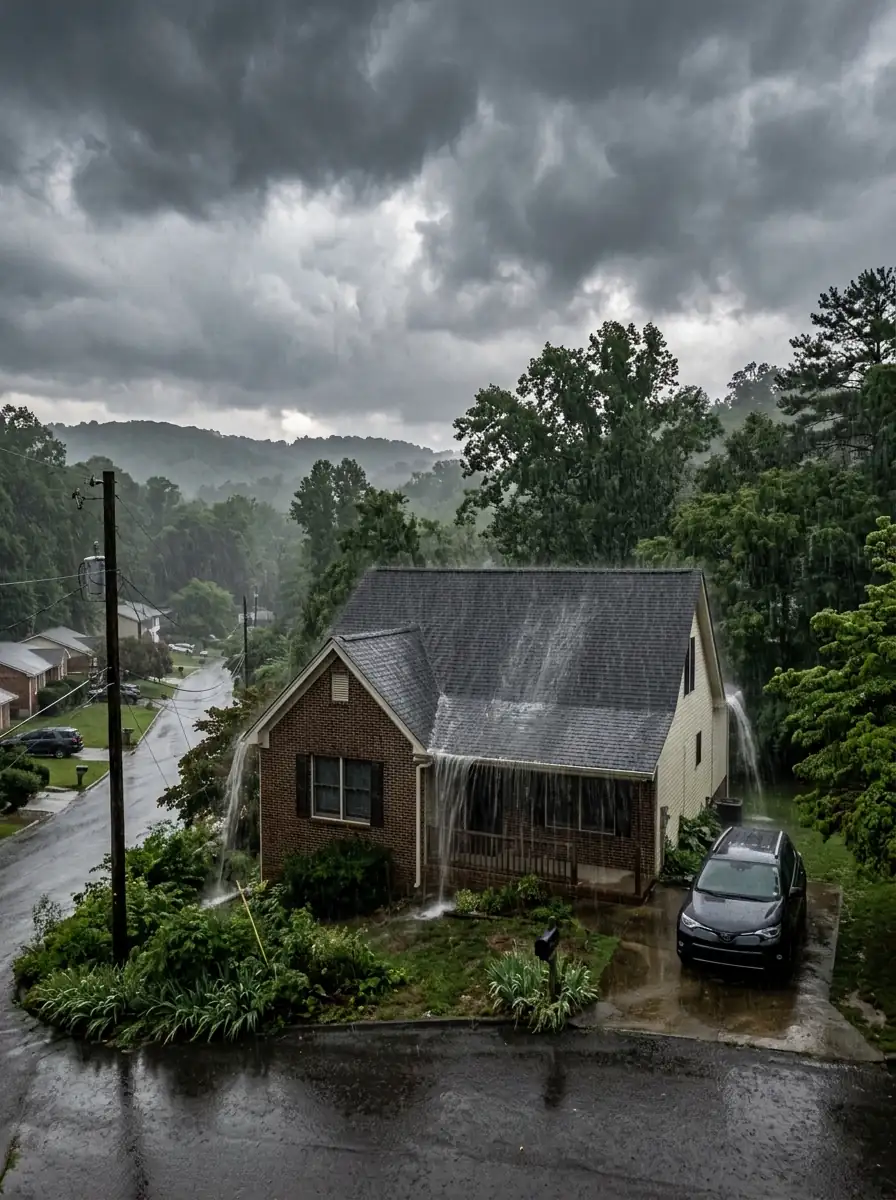 wide shot of a summer thunderstorm shedding heavy rain off a residential roof in East Tennessee