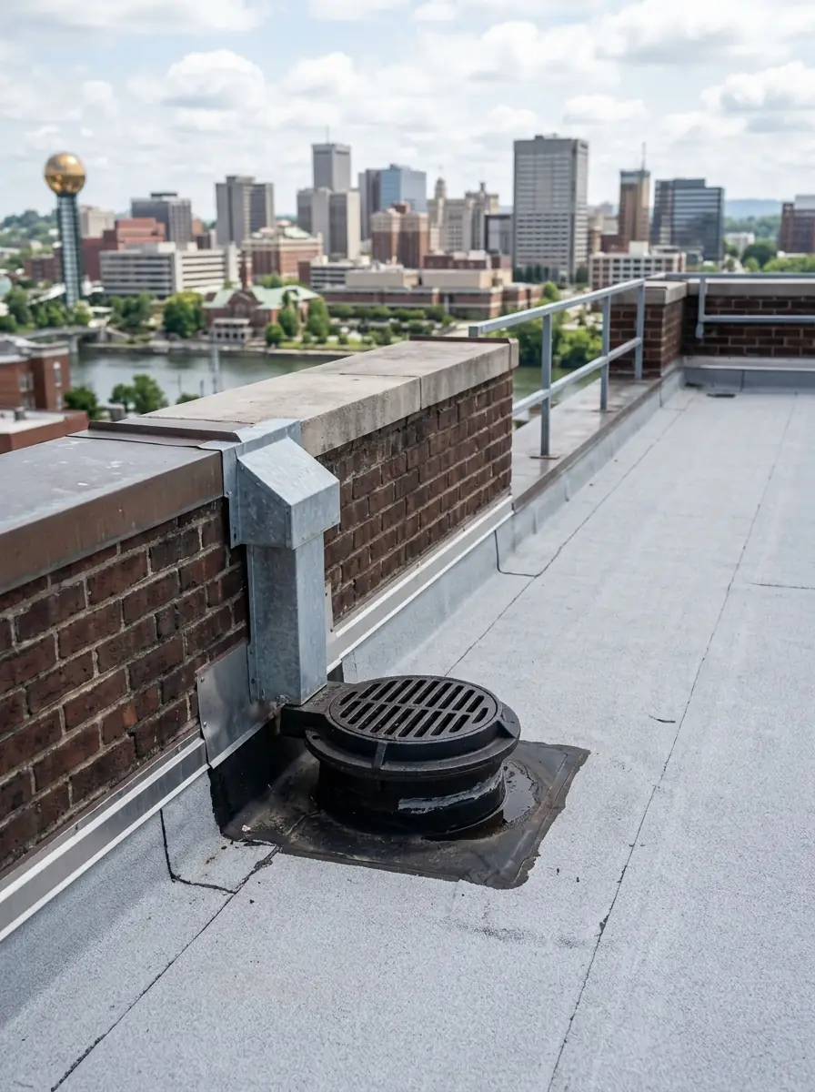 parapet roof edge and internal drain on a brick commercial building in downtown Knoxville Tennessee