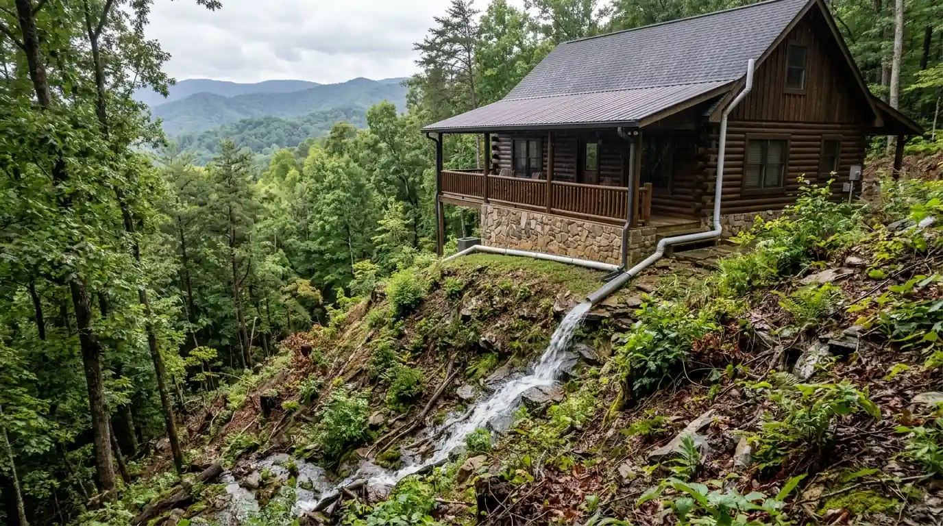 roof water discharging onto steep slope below a cabin near Pigeon Forge Tennessee