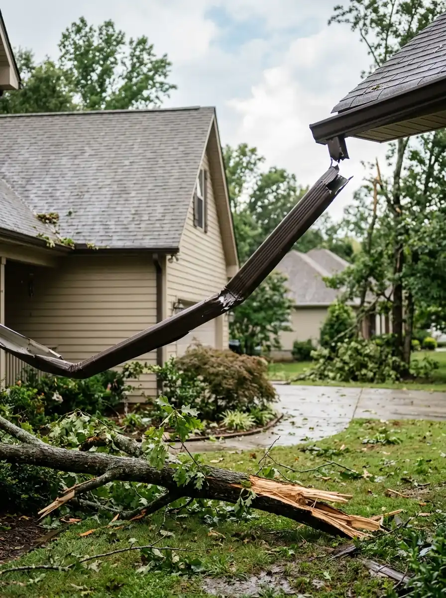 storm torn gutter section hanging loose from a roofline with a fallen limb below in Knoxville Tennessee