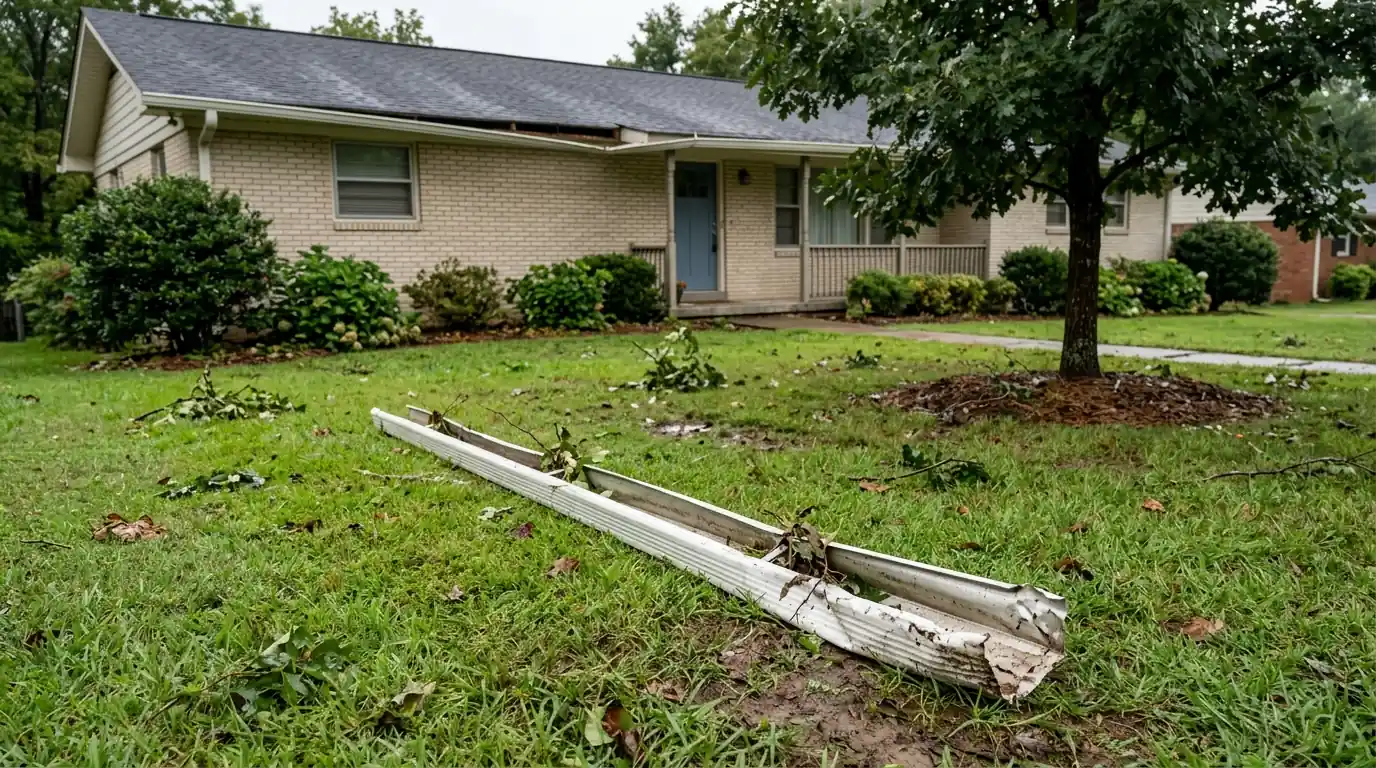 torn gutter section lying where it fell after a storm on an exposed Pleasant Ridge Knoxville Tennessee ranch