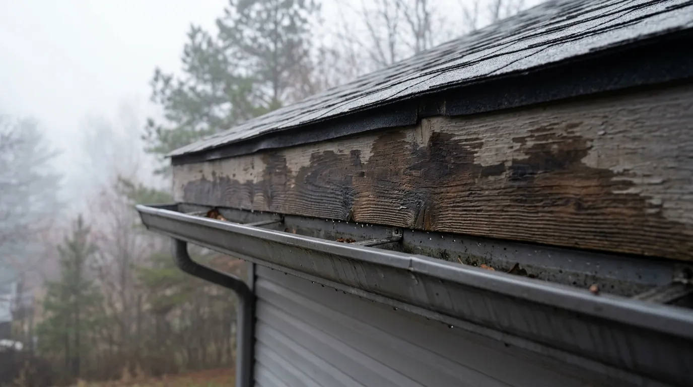damp fascia board behind a gutter on a foggy morning in Strawberry Plains Knoxville Tennessee