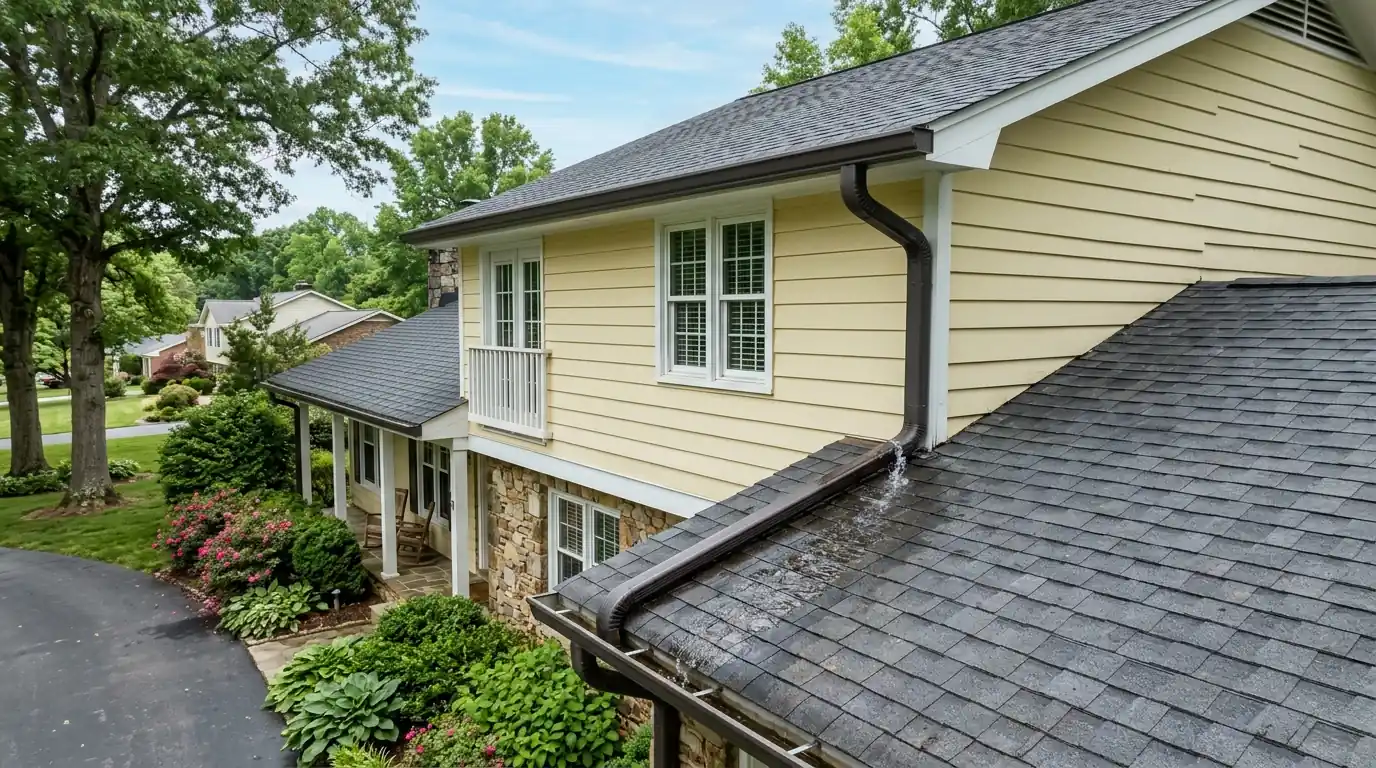 upper roof downspout discharging onto a lower roof plane on a Powell Knoxville Tennessee split level