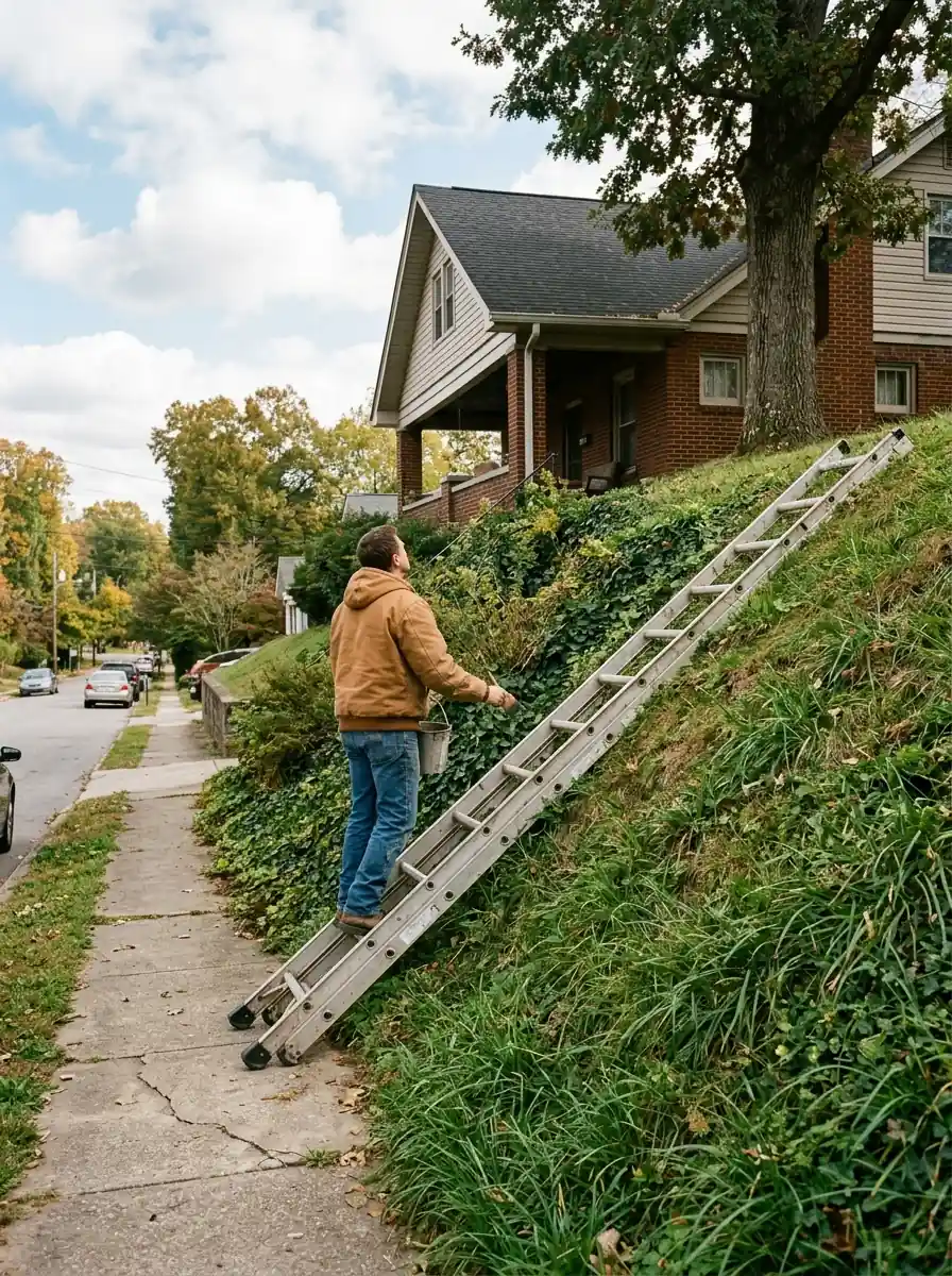 ladder footed on a public sidewalk against a steeply banked front yard in Whittle Springs Knoxville Tennessee