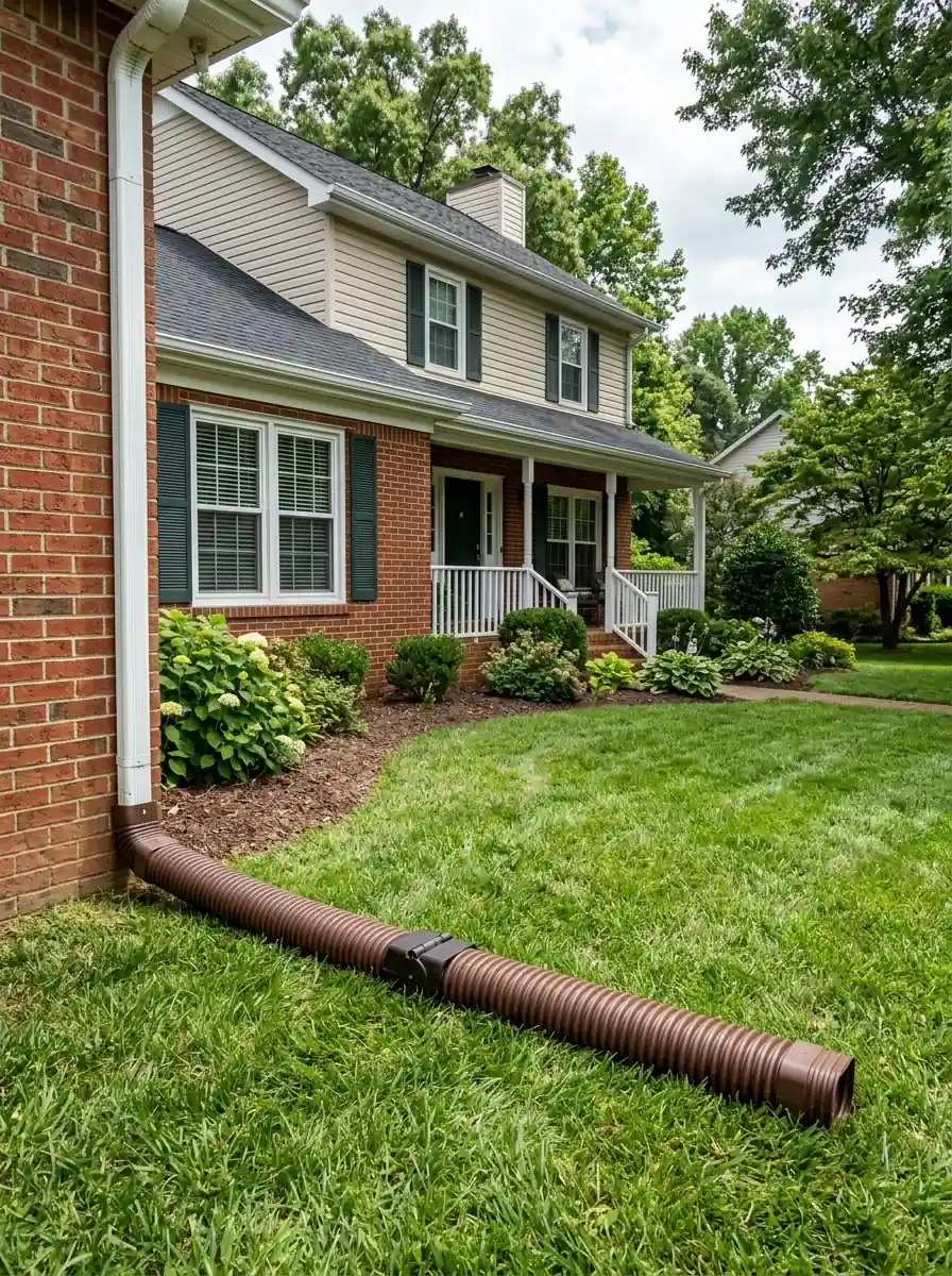 hinged downspout extension lying across a lawn beside a Knoxville Tennessee home