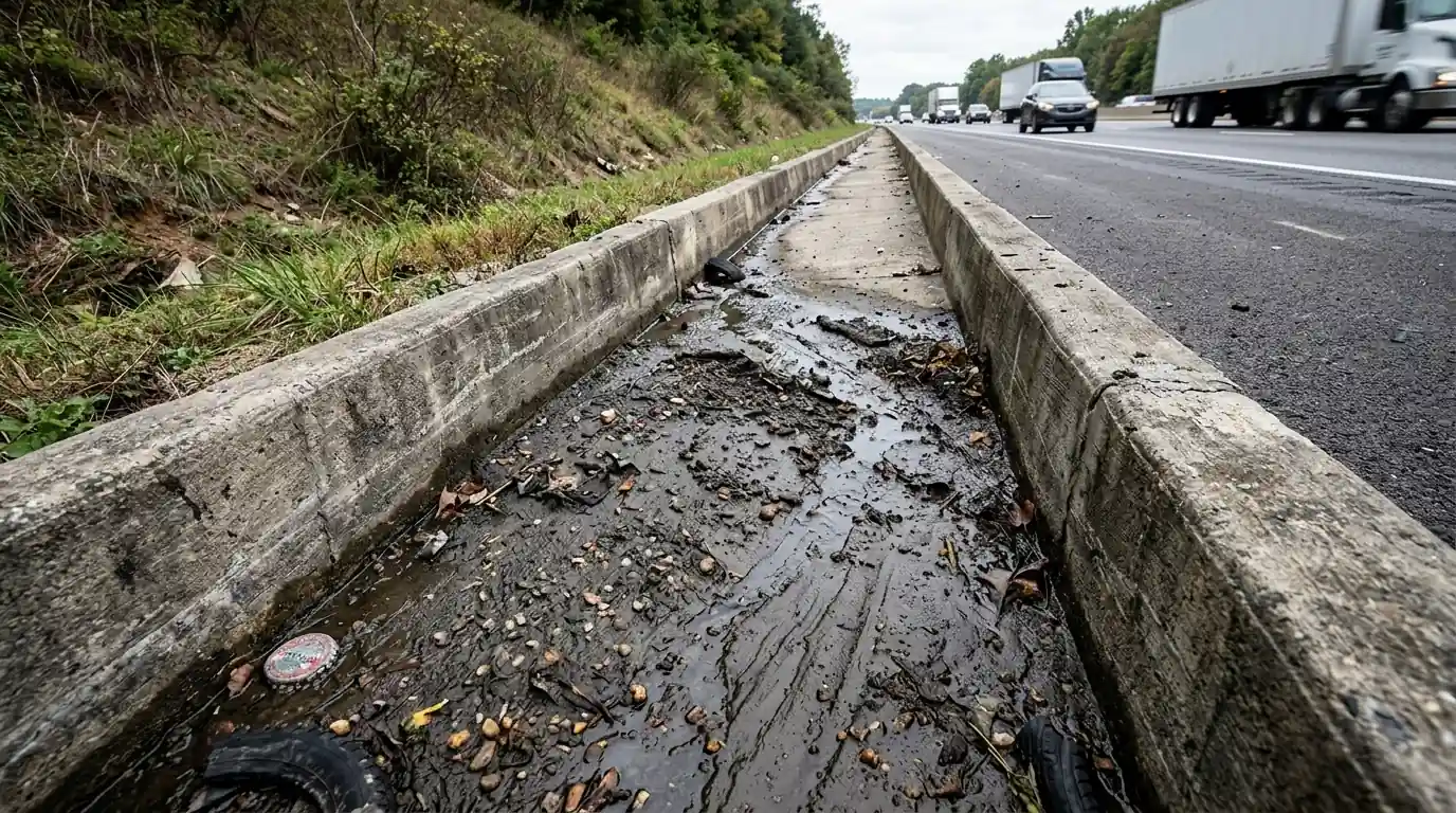 dense road grit sludge settled in the bottom of a gutter trough beside an interstate embankment in Knoxville Tennessee
