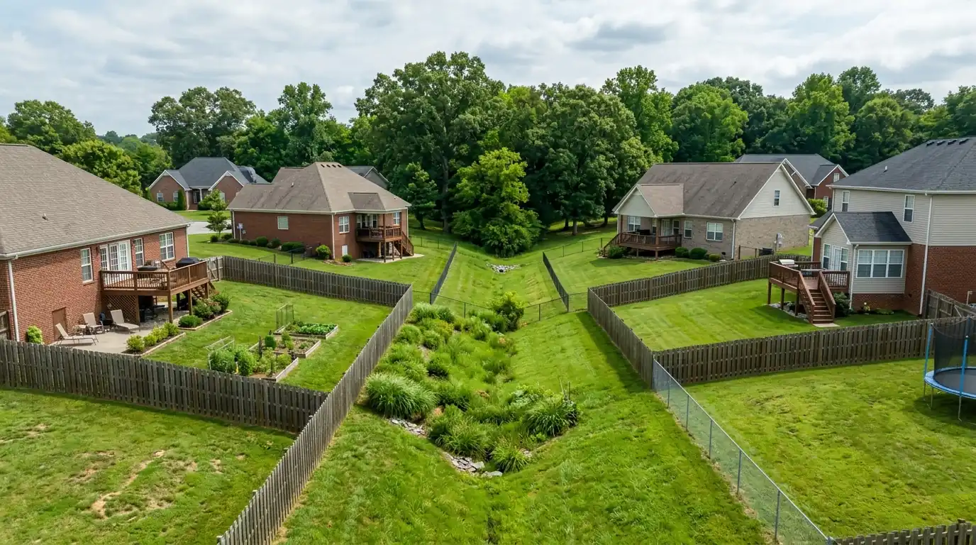 shared low point at the rear boundaries of several cul de sac lots in Suburban Hills Knoxville Tennessee