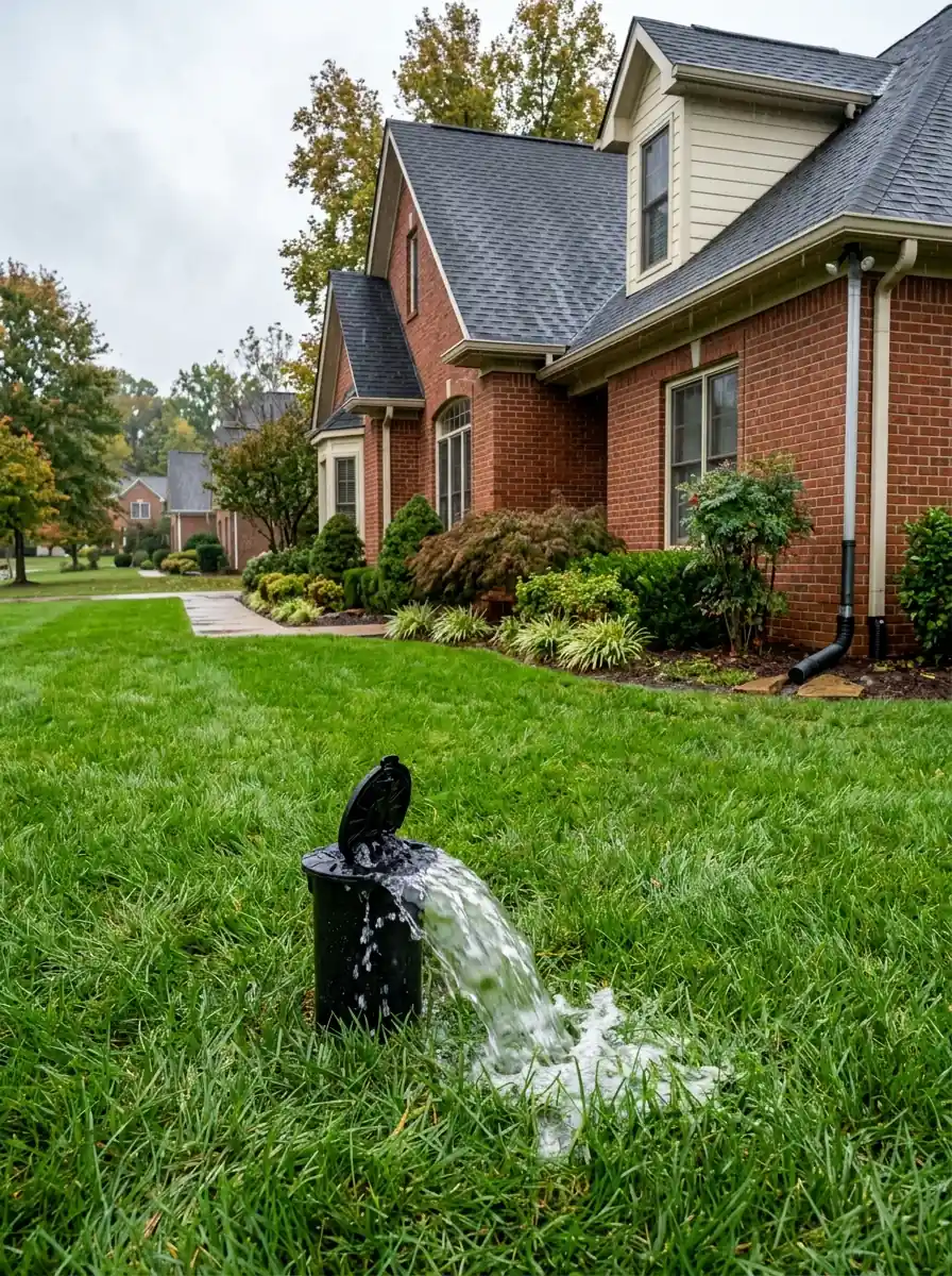 pop up drainage emitter set in a lawn discharging roof water away from a Knoxville Tennessee house