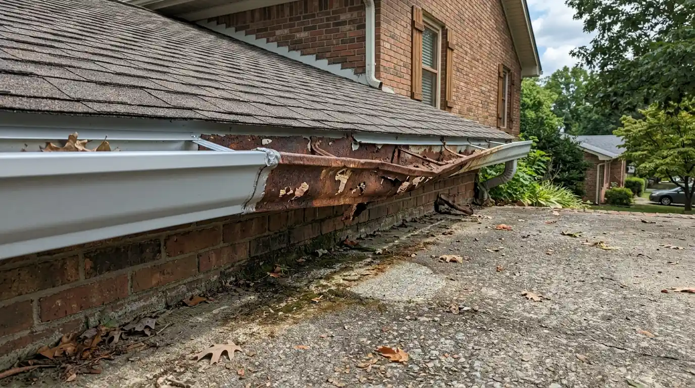 perforated rusted gutter section beside a sound aluminum run on a Knoxville Tennessee driveway