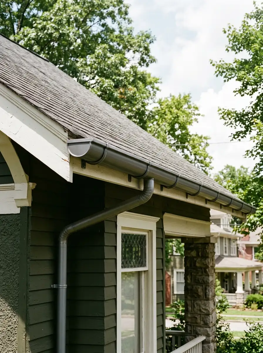 half round aluminum gutter with visible brackets along the eave of a 1920s Knoxville Tennessee house