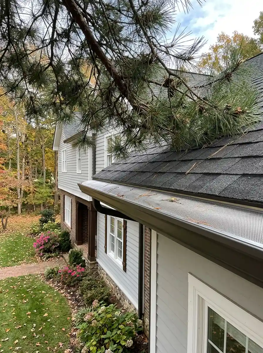fine mesh gutter guard fitted along a run beneath overhanging pine branches on a Knoxville Tennessee house