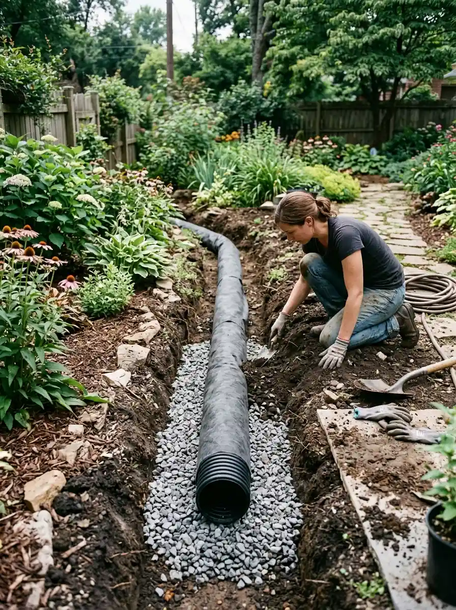 perforated drain pipe bedded in gravel and wrapped in filter fabric in a Knoxville Tennessee garden trench