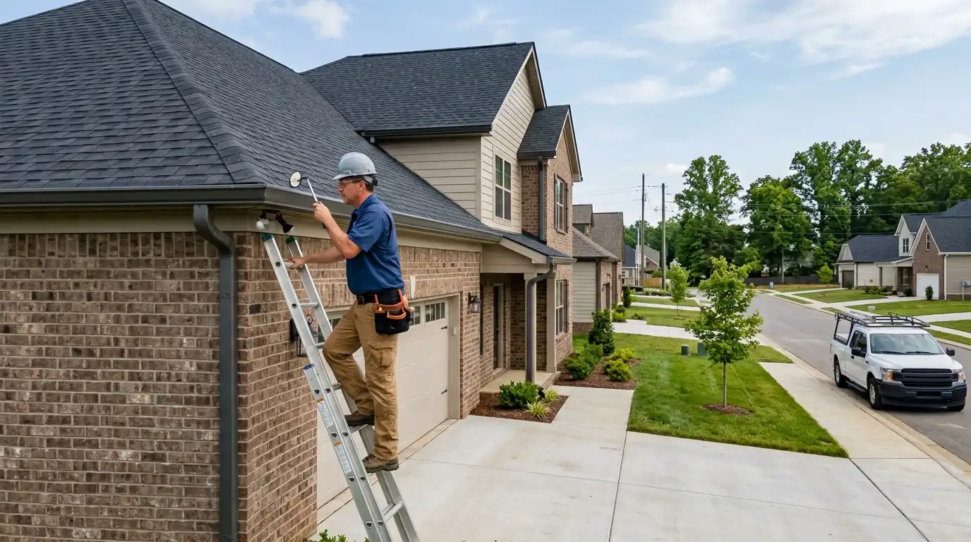 recently completed subdivision home in Farragut Tennessee with a gutter run being inspected