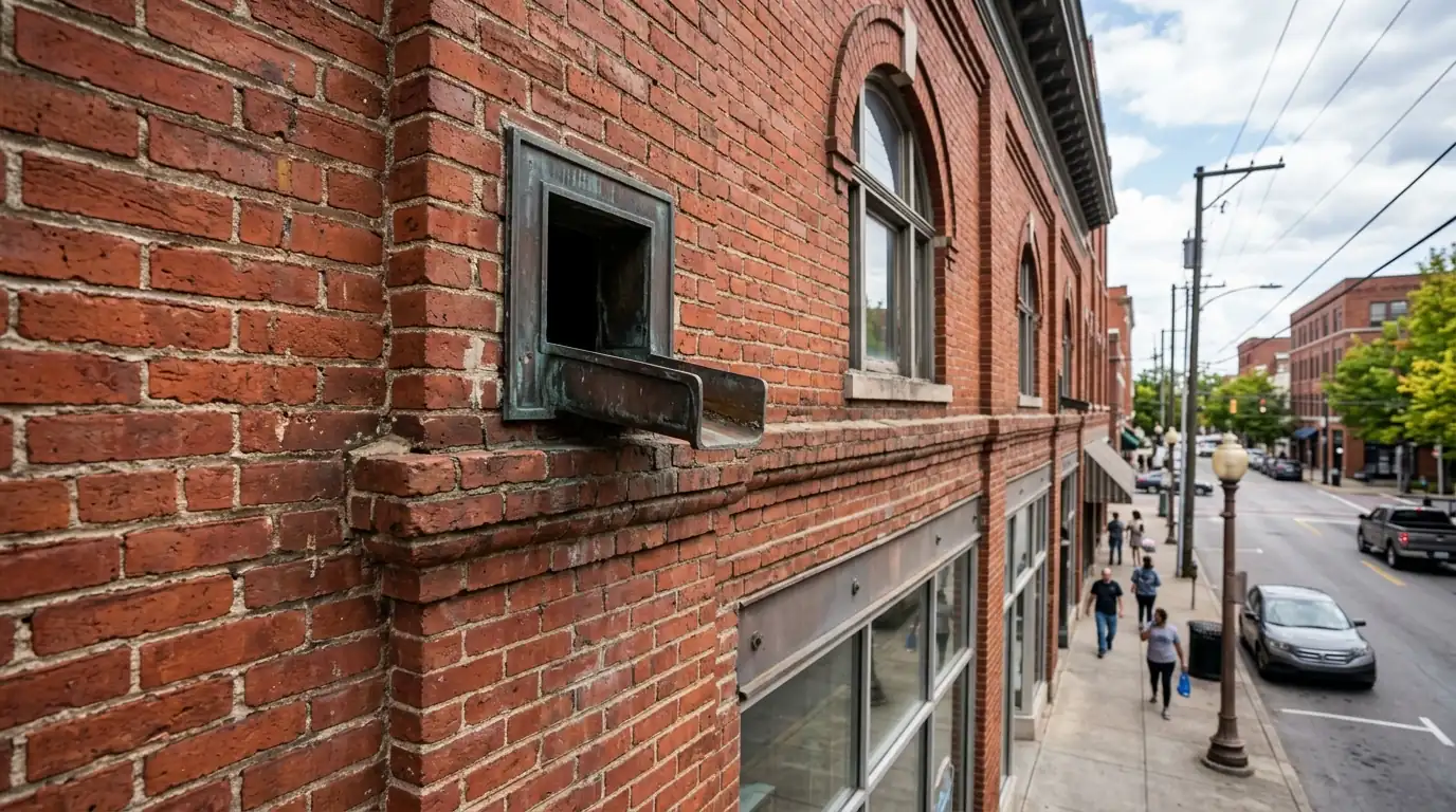 scupper opening through a brick parapet wall on a Gay Street commercial building in Knoxville Tennessee