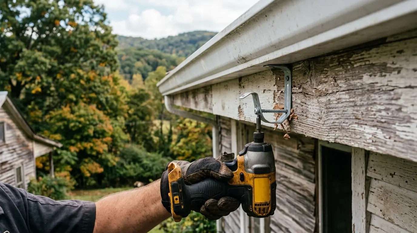 gutter hanger screw being driven into fascia board on an older East Tennessee house