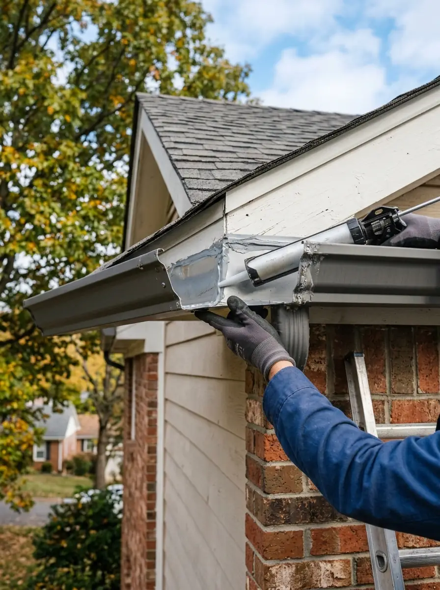 hands resealing a gutter miter joint at the corner of a Knoxville Tennessee house