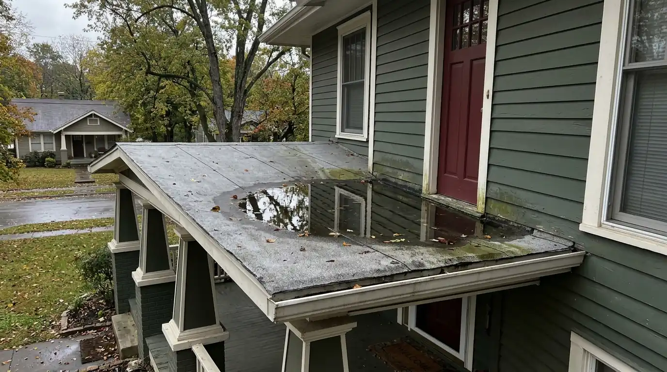 near flat porch roof holding standing water against the wall line on a Chilhowee Park Knoxville Tennessee bungalow