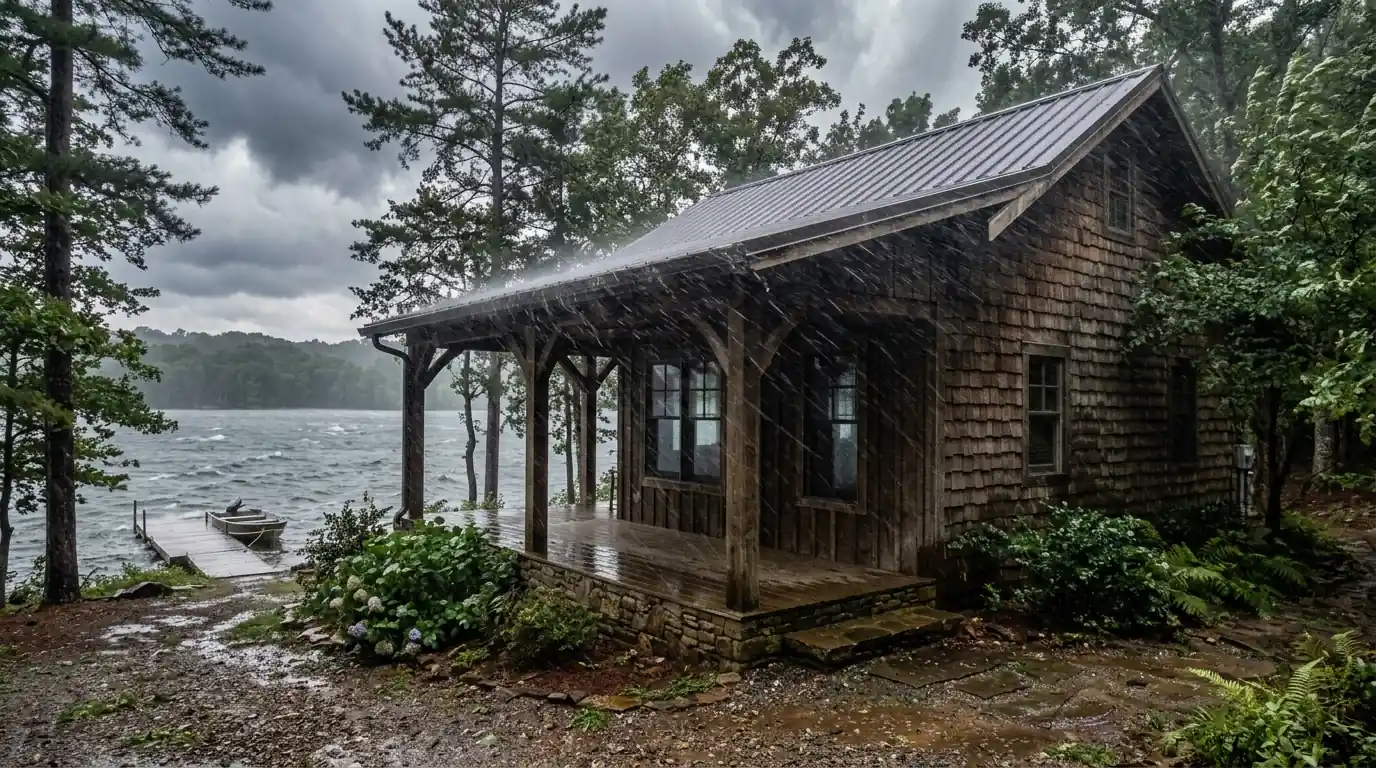 wind driven rain reaching past the eave of a lakefront home on Watts Bar in Tennessee