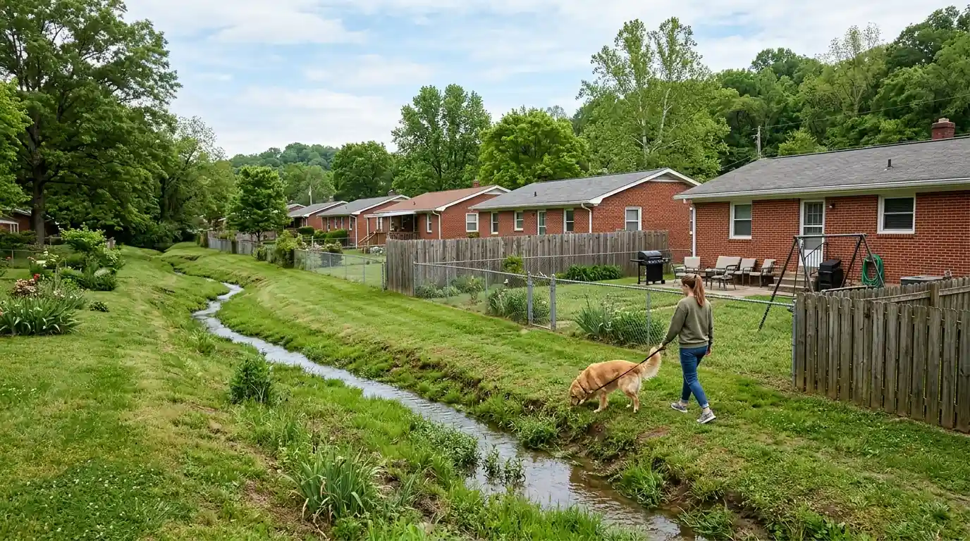 rear drainage swale running behind a row of postwar brick ranches in South Haven Knoxville Tennessee