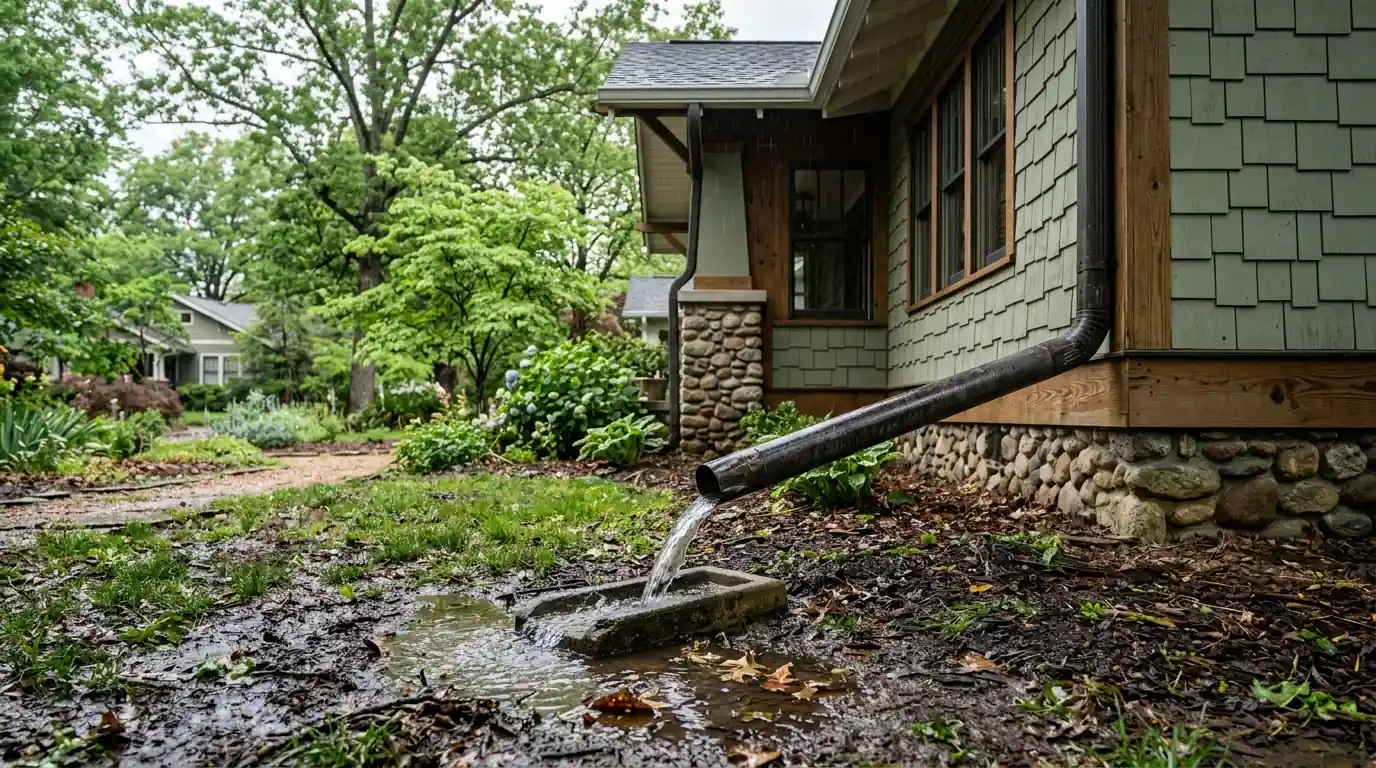 downspout discharging onto flat saturated ground behind a Craftsman bungalow in Island Home Park Knoxville Tennessee