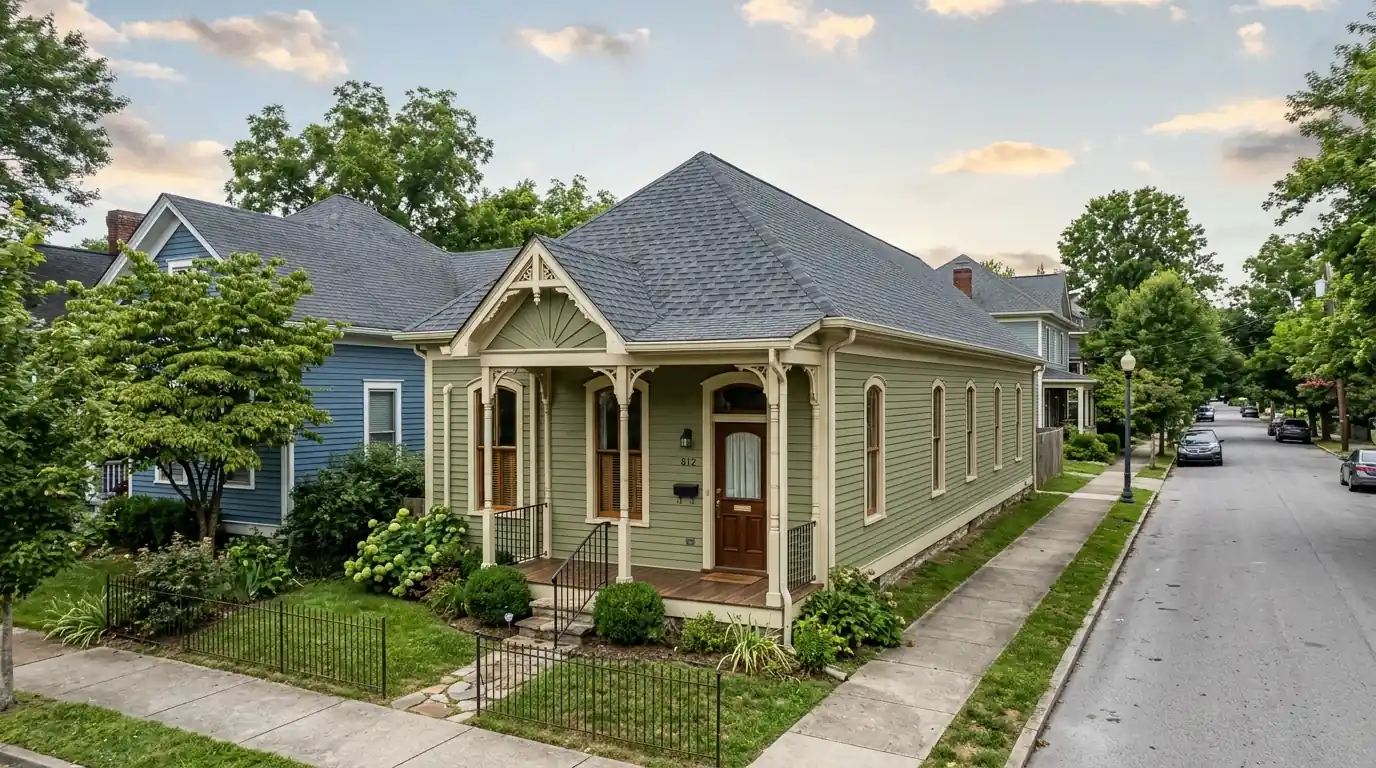 narrow deep Victorian cottage with the roof ridge running front to back in Mechanicsville Knoxville Tennessee