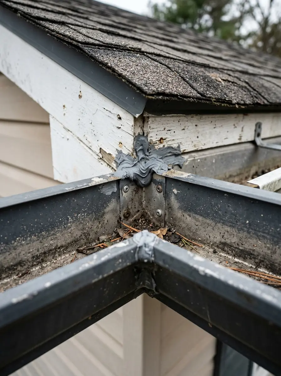 tight close view of a sealed inside gutter miter corner on a Knoxville Tennessee home