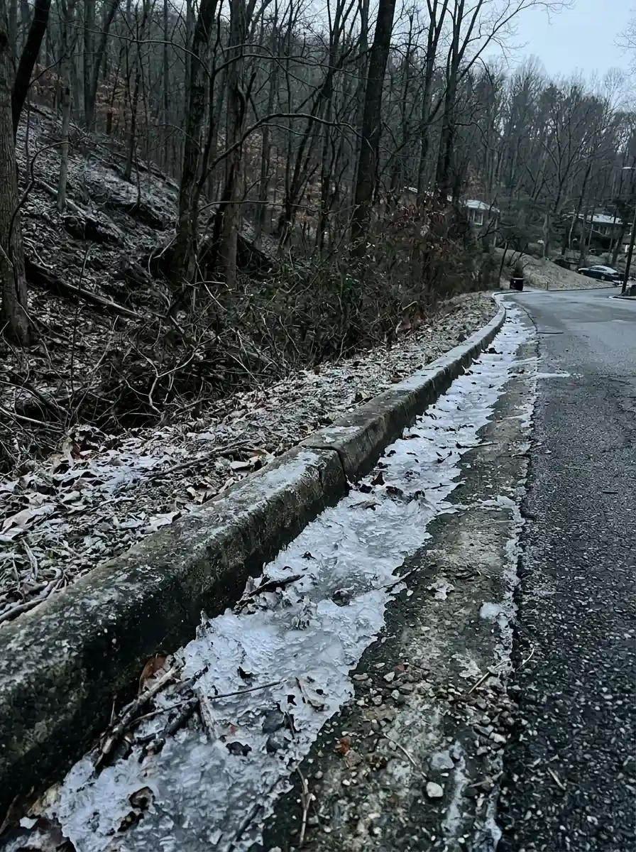 ice sitting in a gutter run on a shaded elevation on a cold Knoxville Tennessee morning