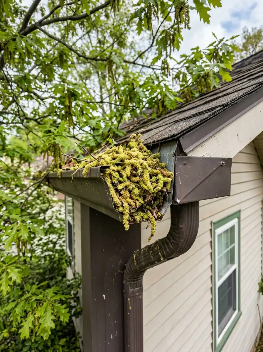 oak catkins packed into a gutter outlet in spring on a Knoxville Tennessee home