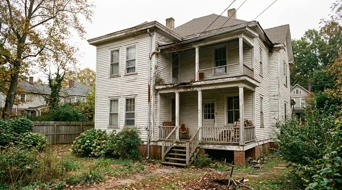 unrestored rear elevation with an aging gutter run behind a restored Parkridge Knoxville Tennessee Victorian