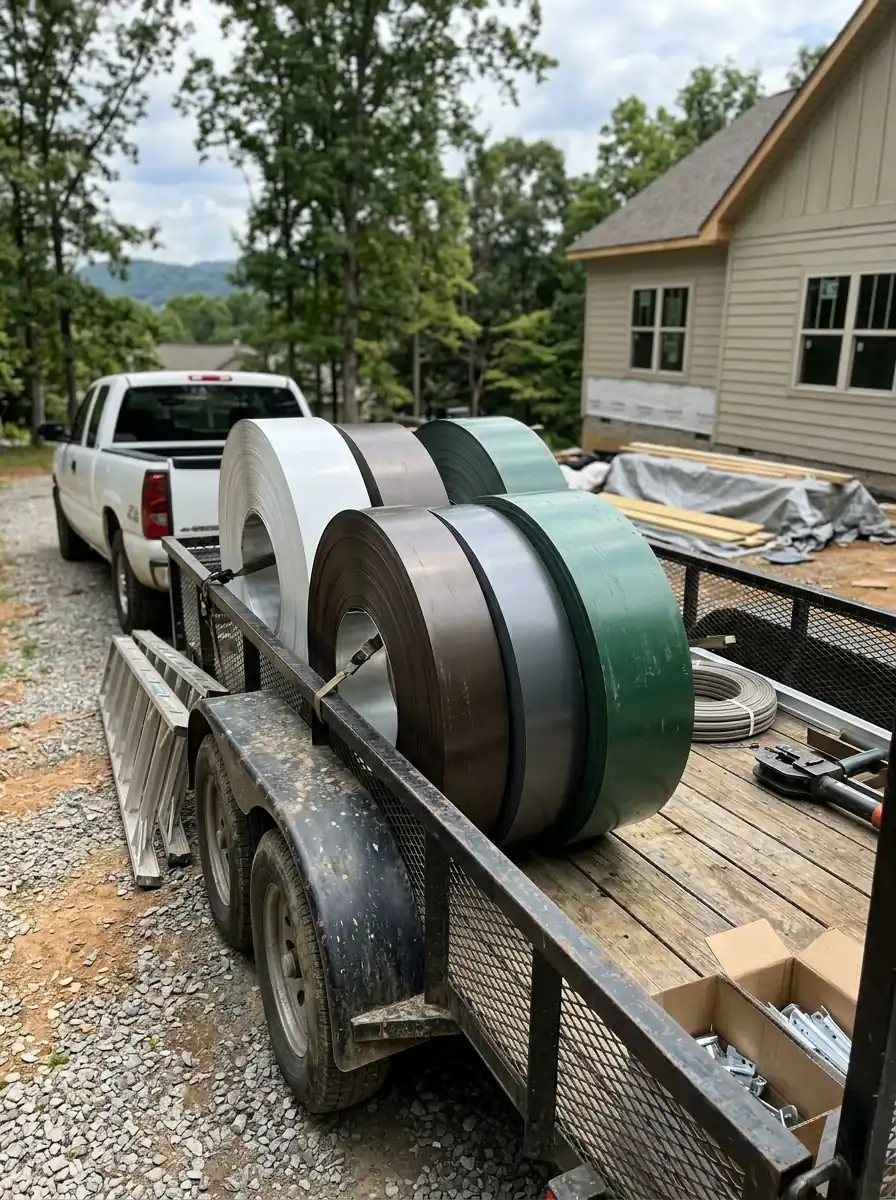 rolls of colored aluminum gutter coil stacked on a work trailer at a Knoxville Tennessee job site