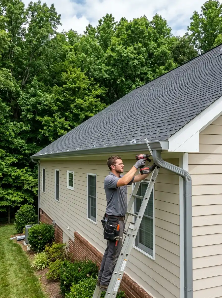 seamless aluminum gutter run being installed on a suburban Knoxville Tennessee home with green hardwood trees behind the roofline
