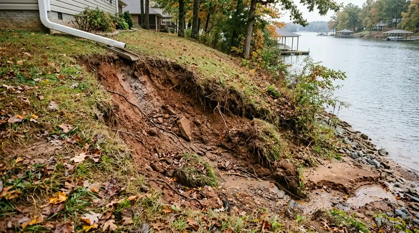 eroded channel cut into a lakefront bank below a downspout discharge point in Choto Knoxville Tennessee