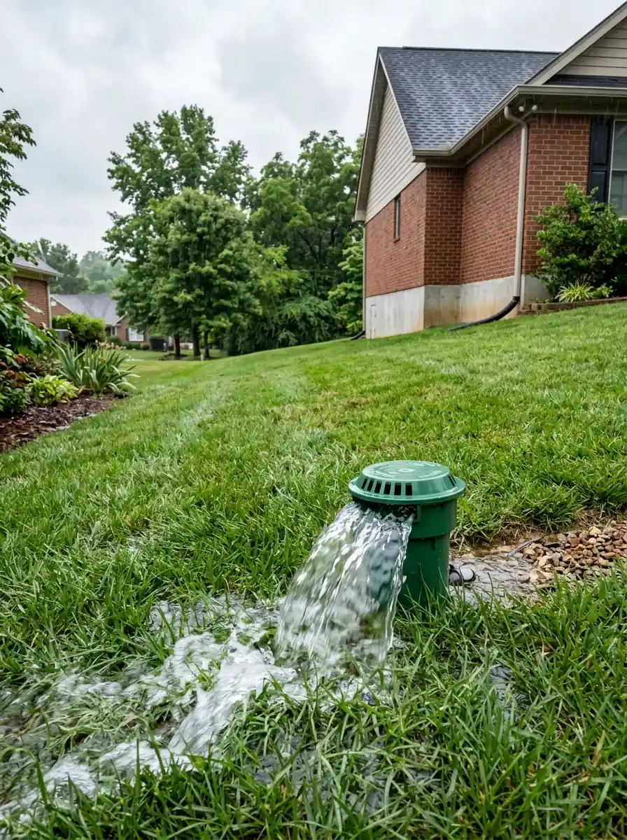 pop up drainage emitter discharging roof water well clear of a foundation on a Knoxville Tennessee lawn