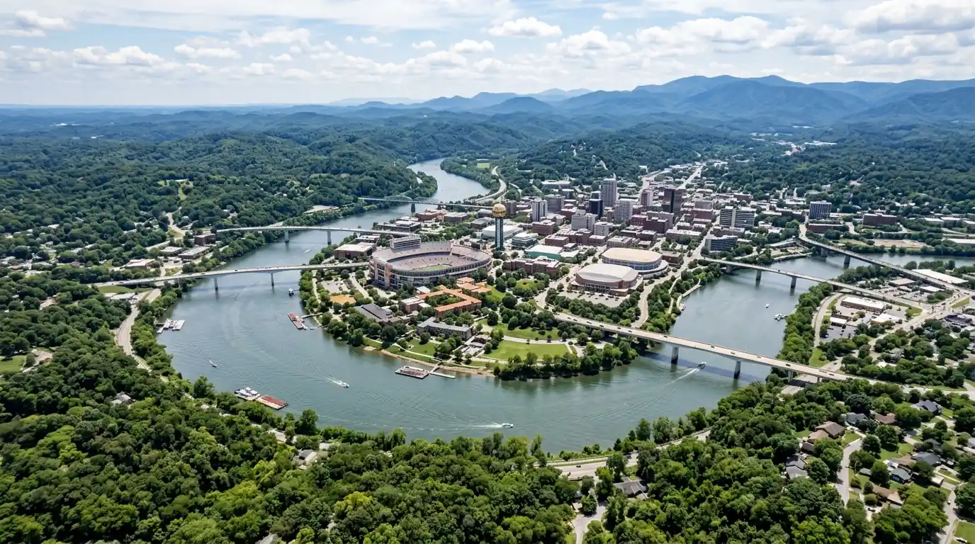 aerial view of the Tennessee River bending through Knoxville Tennessee with wooded ridges