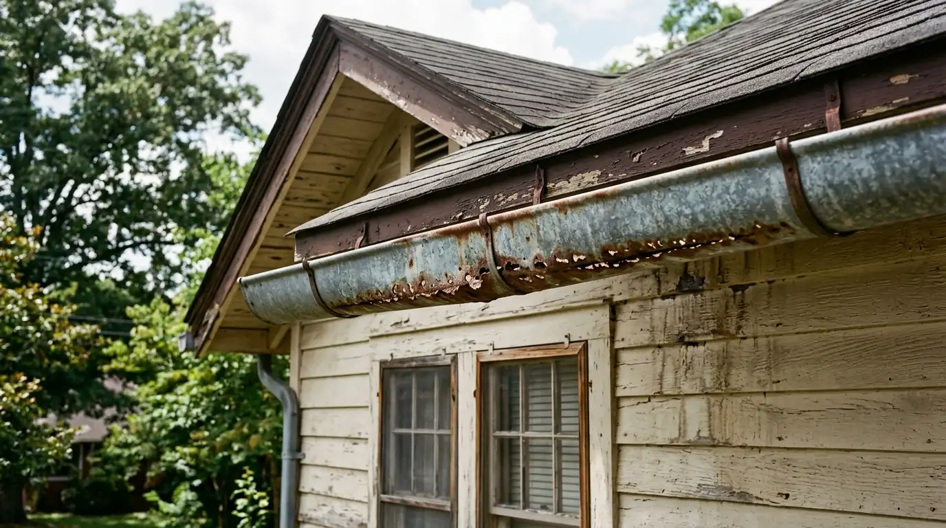 original galvanized gutter perforated along its seam on an old company house in Mascot Knoxville Tennessee