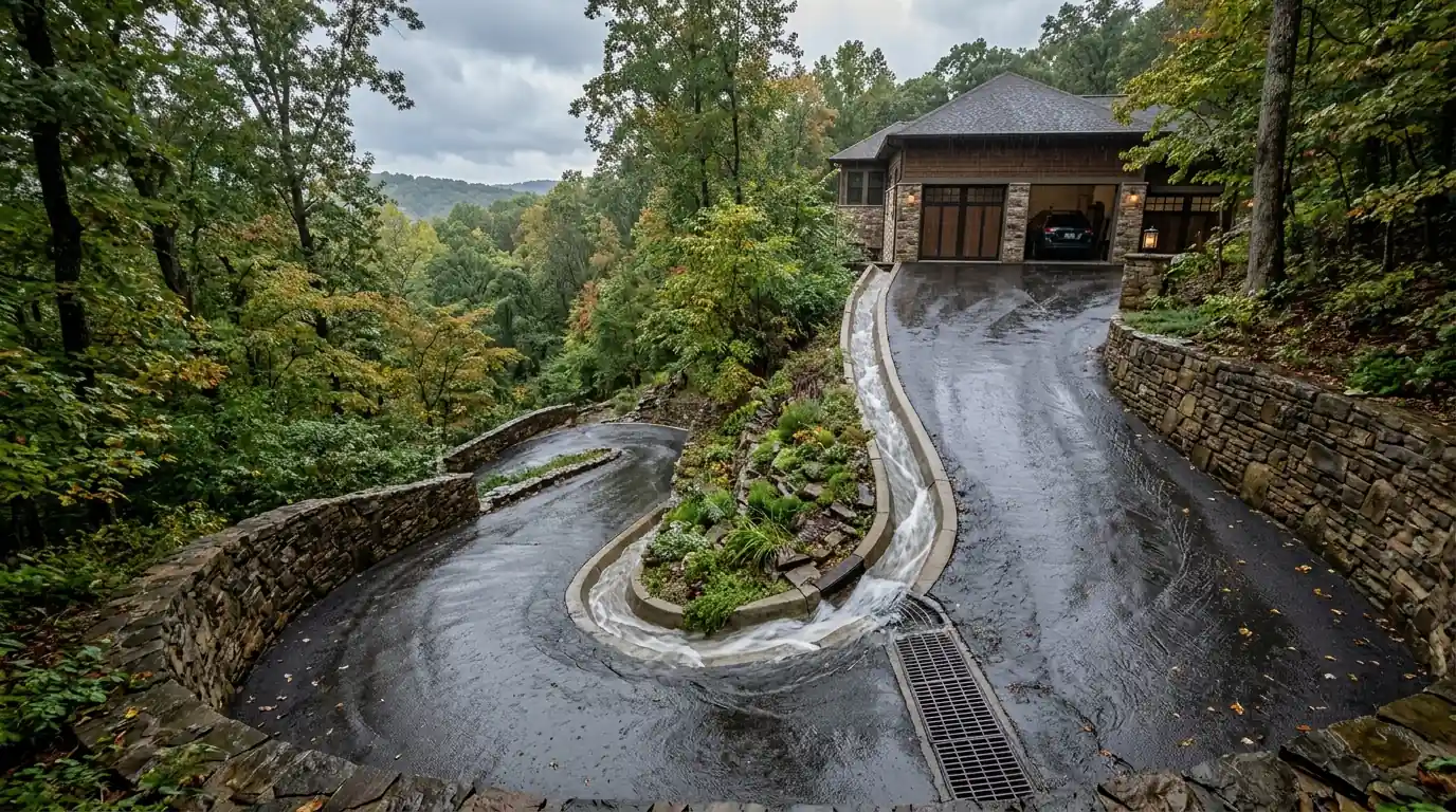 steep switchback driveway channeling surface water down to a garage level in Sterchi Hills Knoxville Tennessee