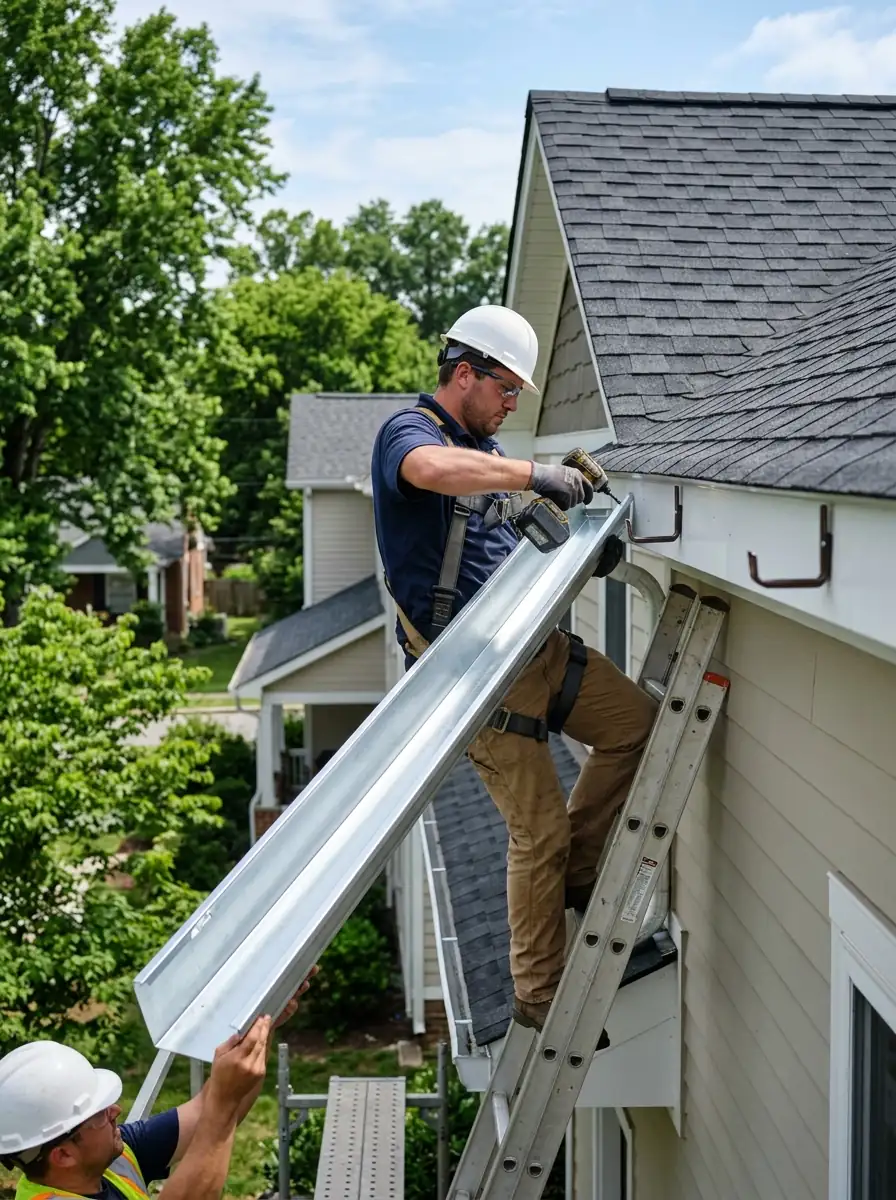 galvanized steel gutter section being lifted into place along a roof edge in Knoxville Tennessee