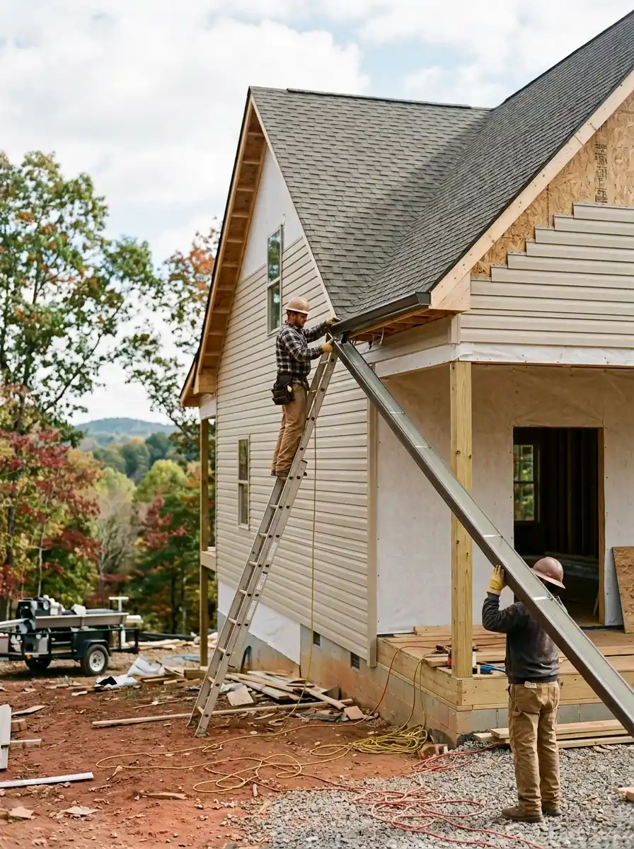new seamless gutter being fitted to a house under construction on a Knox County Tennessee site