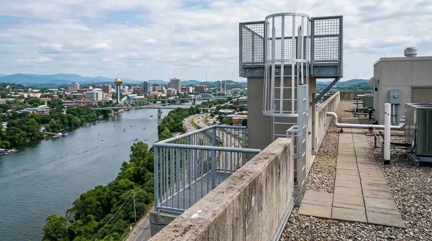 condominium tower roof edge and leader access above the river bluff in Knoxville Tennessee
