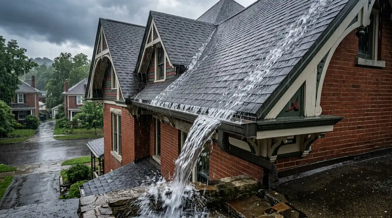 steep Victorian roof discharging fast into a gutter run in Harriman Tennessee