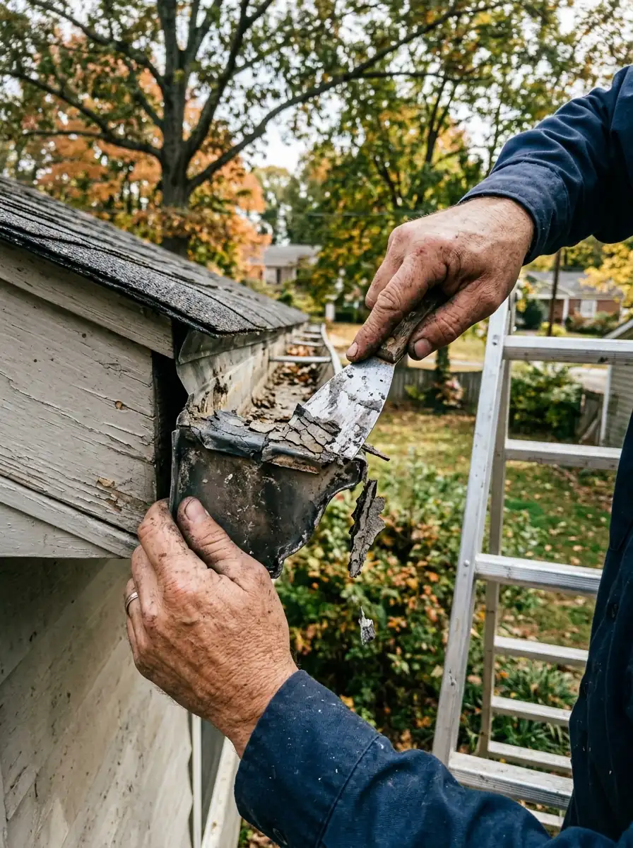 hands scraping old cracked sealant from a gutter end cap on a Knoxville Tennessee house